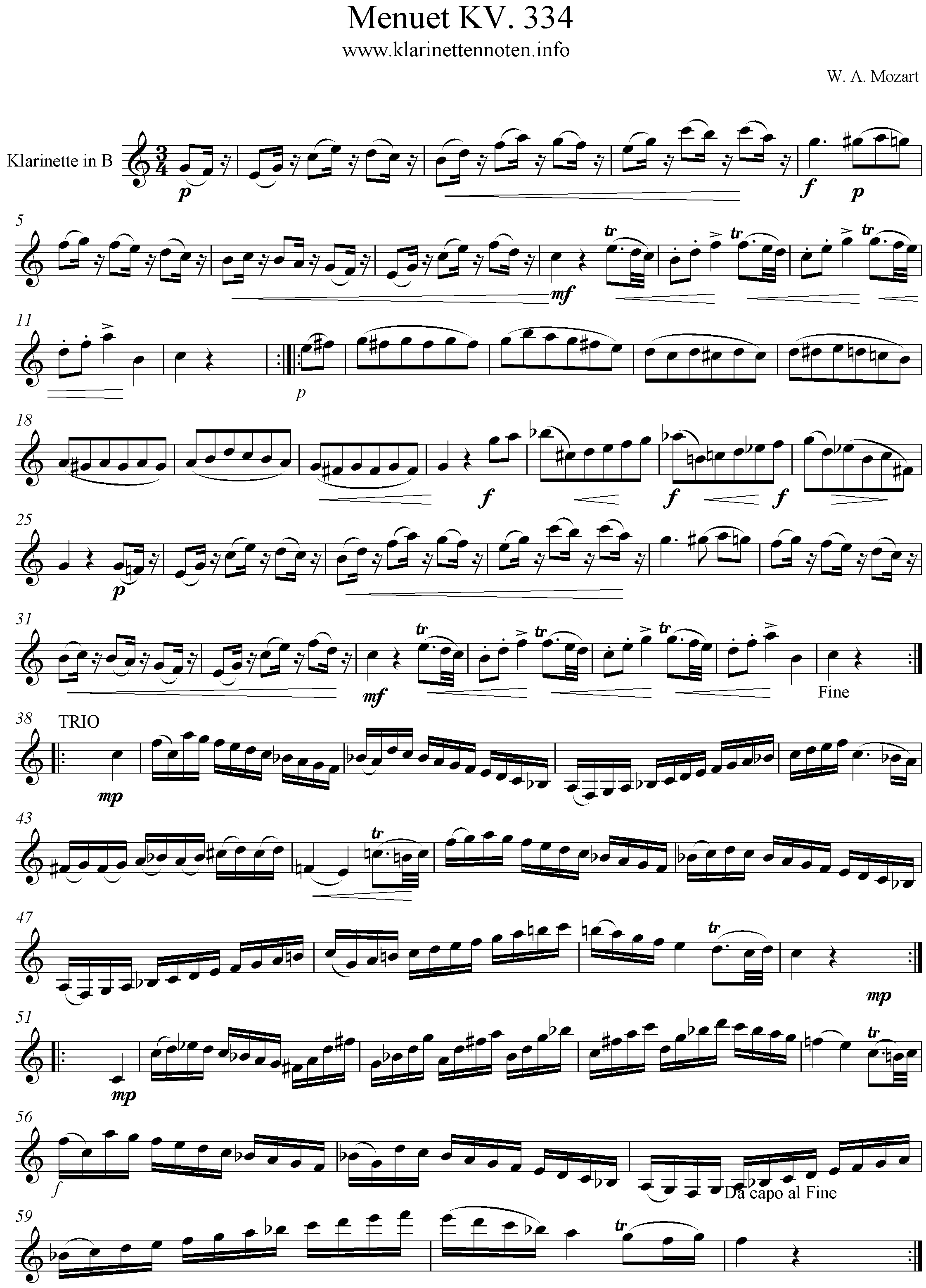 Noten Menuet KV 334 , Clarinet